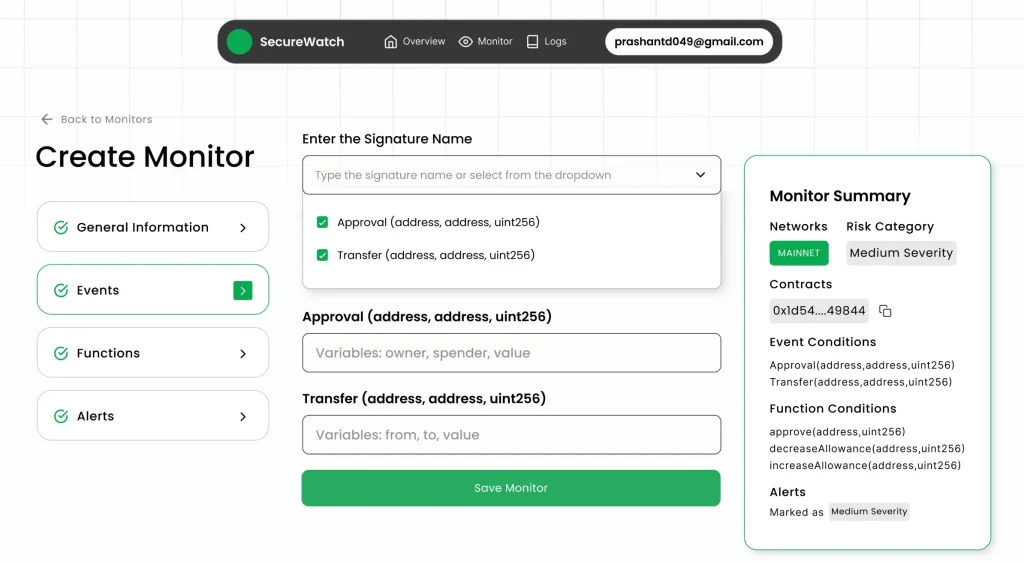 SecureWatch real-time blockchain threat monitoring dashboard showing transaction analysis and security alerts
