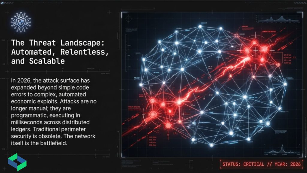 Abstract visualization of blockchain network nodes under cyber threat in 2026
