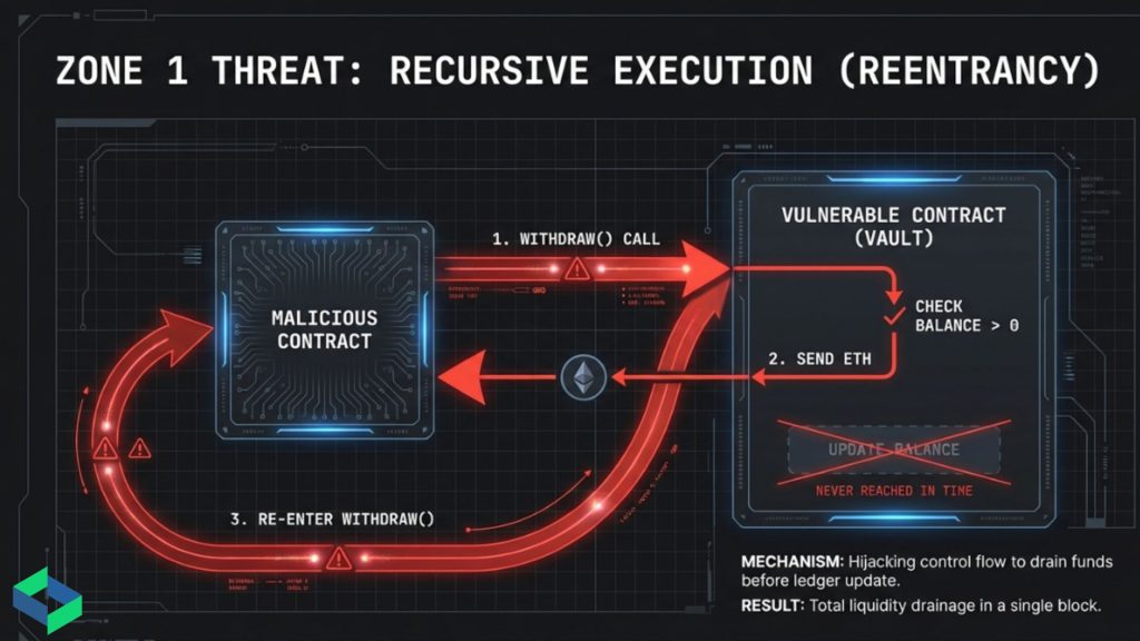 Flow diagram illustrating a reentrancy attack exploit path in a Solidity smart contract