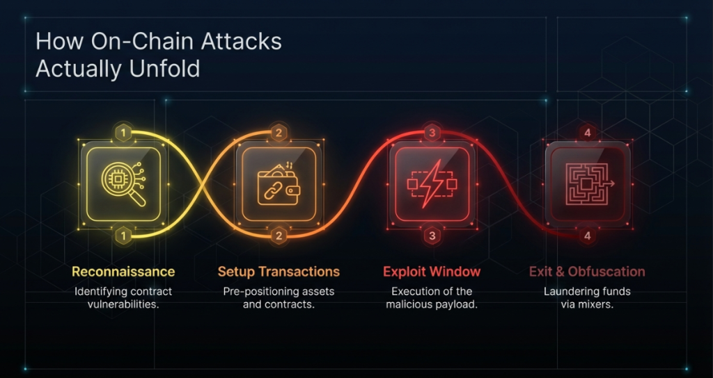 On-chain attack lifecycle from reconnaissance to fund obfuscation