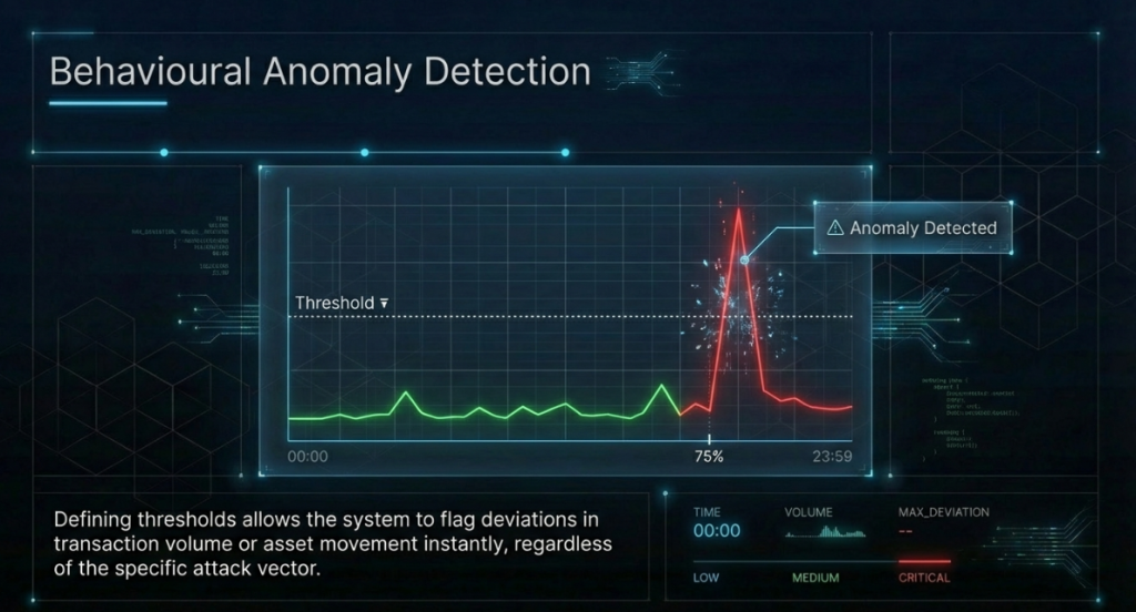 Behavioral anomaly detection graph showing transaction volume spike above normal baseline