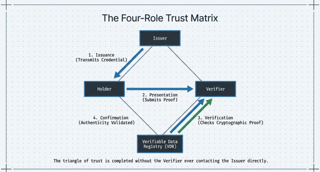 SSI architecture flow diagram showing issuer, holder, verifier, and verifiable data registry interaction in a self-sovereign identity system