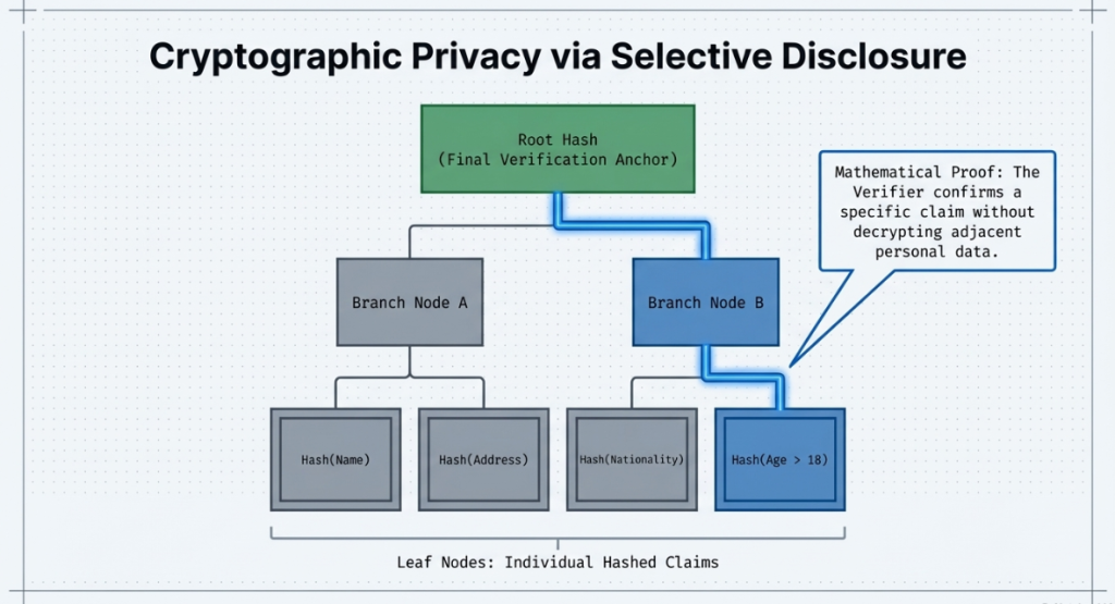 Merkle tree diagram illustrating selective disclosure in verifiable credentials, showing hashed claims and root hash verification