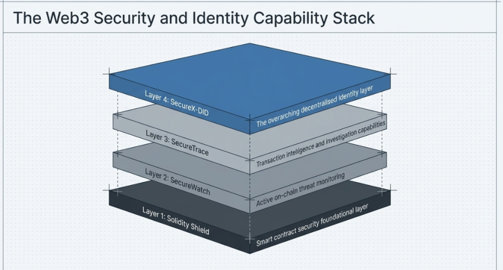 SecureDApp four-layer Web3 security stack diagram showing Solidity Shield, SecureWatch, SecureTrace, and SecureX-DID product layers
