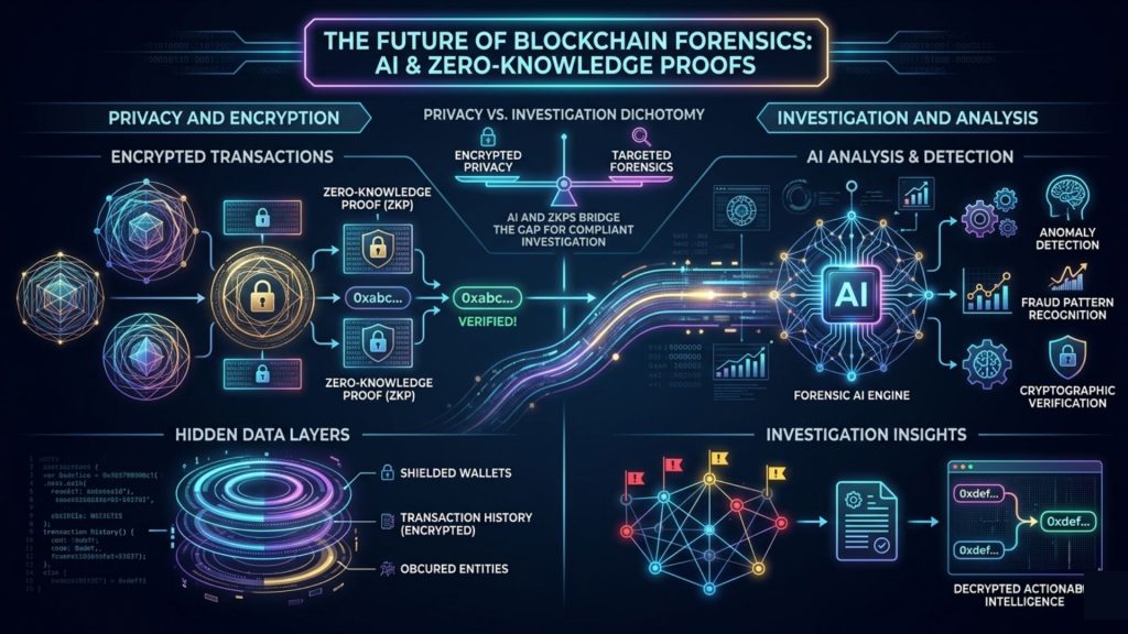 AI-driven blockchain forensic system analyzing transaction data and generating investigation insights on dark blue futuristic interface