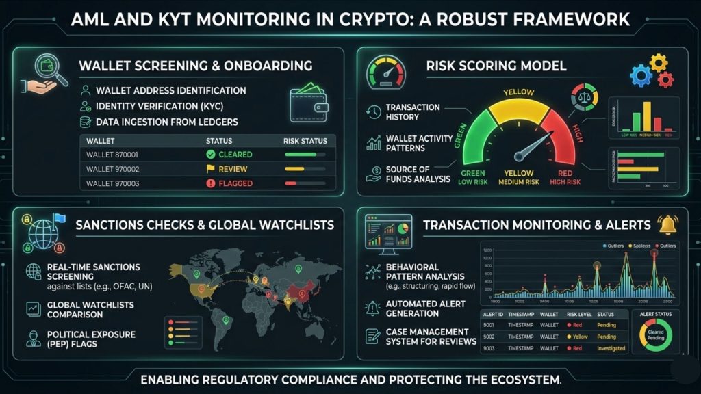 Crypto AML and Know Your Transaction monitoring dashboard showing wallet risk scoring and compliance alerts on dark blue interface
