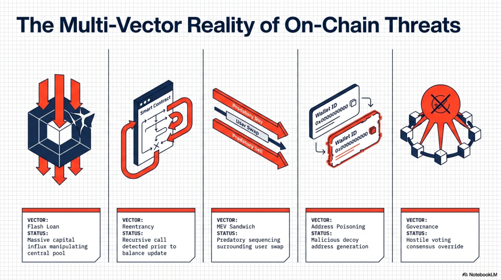 Web3 on-chain threat landscape showing flash loan, reentrancy, and MEV attack vectors