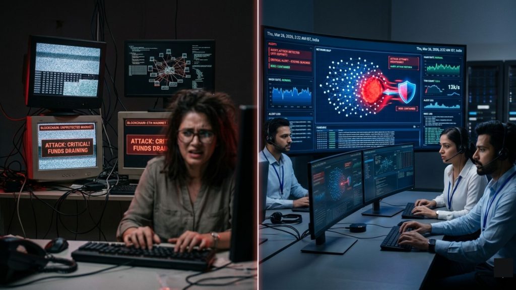 comparison of blockchain system without monitoring versus real-time threat monitoring protection