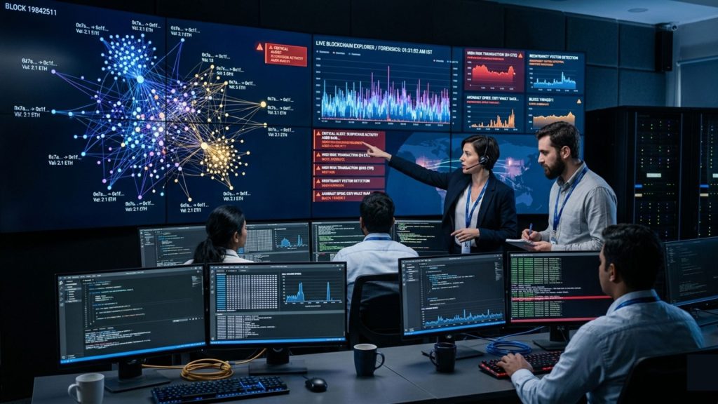 cybersecurity team monitoring blockchain threats using real-time analytics dashboards