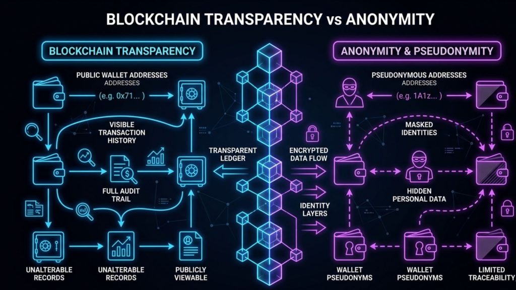 Transparent blockchain ledger displaying public transaction flow and immutable records on a dark blue cyber network