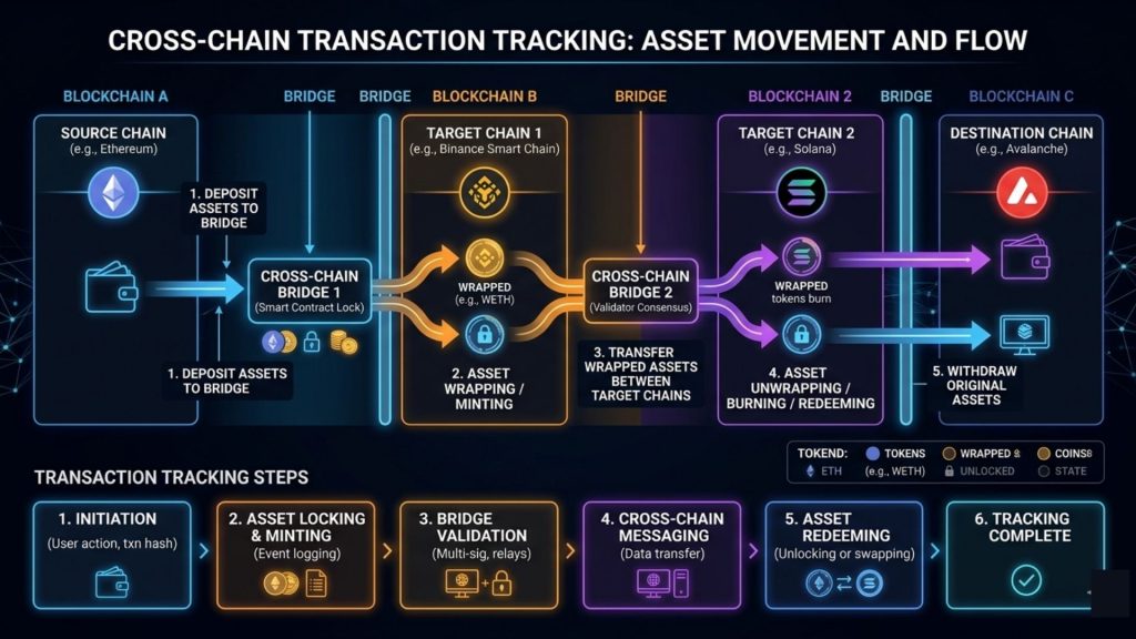 Cross-chain cryptocurrency tracking across multiple blockchain networks with bridge connections on dark blue background