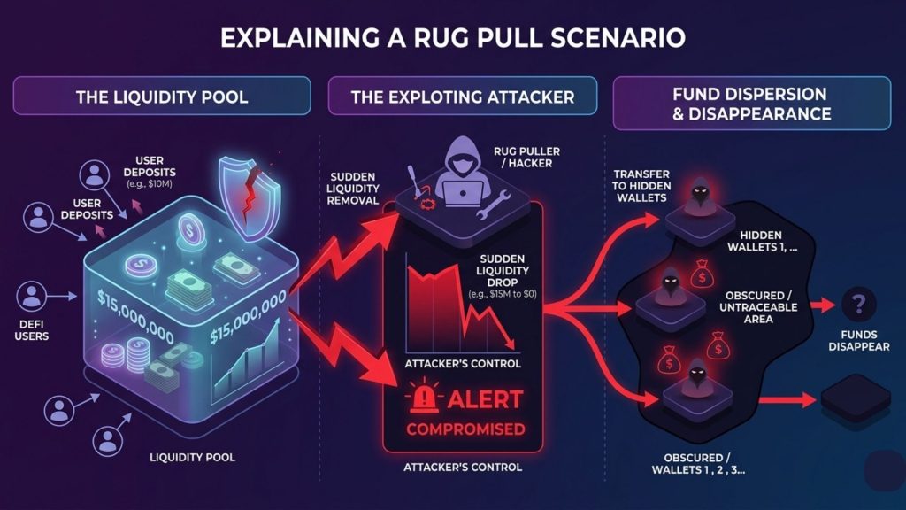 Cryptocurrency mixer obscuring transaction paths with forensic analysis attempting to trace fund origins on dark blue background