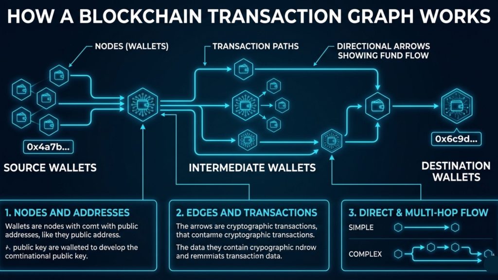 Cryptocurrency transaction graph showing wallet connections and fund flow tracing in blockchain investigation on dark blue background