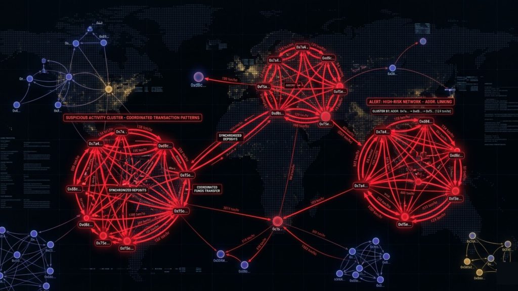 crypto wallet clustering showing coordinated suspicious activity across multiple addresses