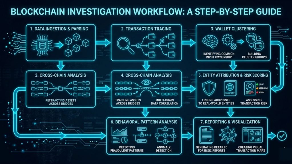 Real-time crypto wallet screening system detecting sanctioned and high-risk addresses on dark blue cybersecurity dashboard