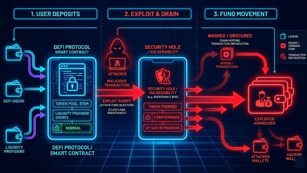DeFi protocol exploit showing stolen funds moving across wallets and being traced in real time on dark blue interface