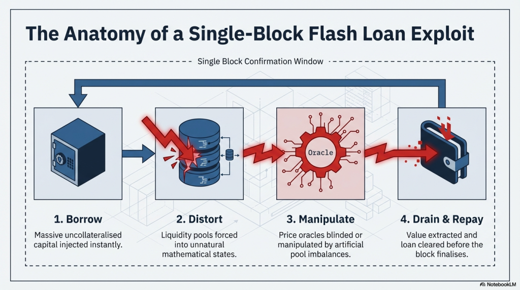 Flash loan attack transaction flow diagram showing exploit sequence