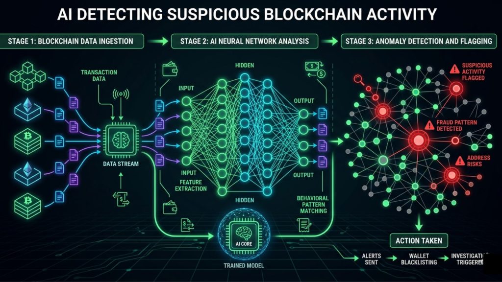 AI-powered on-chain analysis detecting suspicious crypto transaction patterns and anomalies on dark blue cybersecurity dashboard