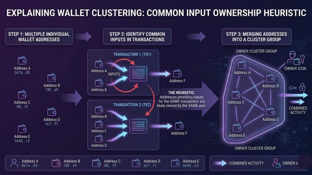 Blockchain wallet clustering using common input ownership heuristic to identify linked addresses on dark blue interface