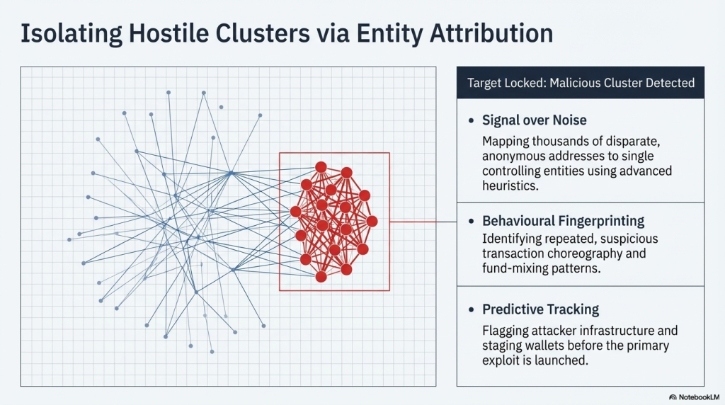 Wallet clustering and entity attribution graph for DeFi blockchain security