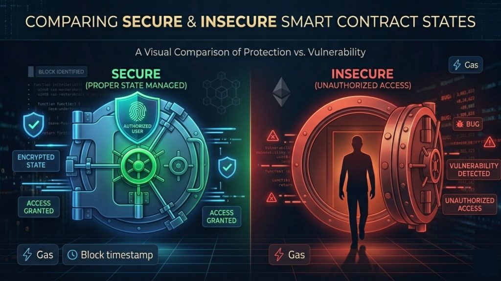 Comparison of secure vs insecure access control showing authorized user vault and open vault vulnerability