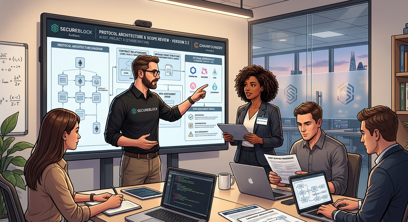 Security auditors and Web3 founders discussing smart contract audit scope and protocol architecture