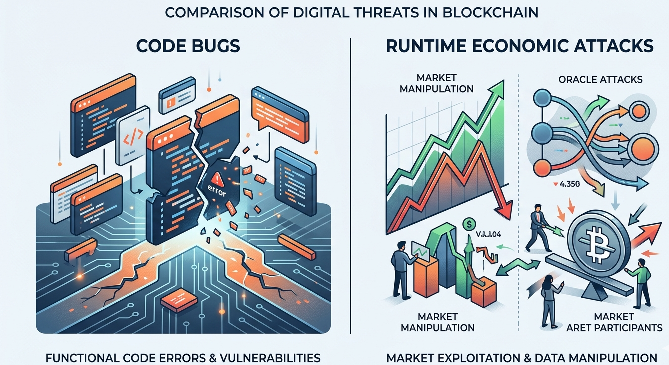 Difference between code vulnerabilities and runtime economic or interaction-based attacks in DeFi