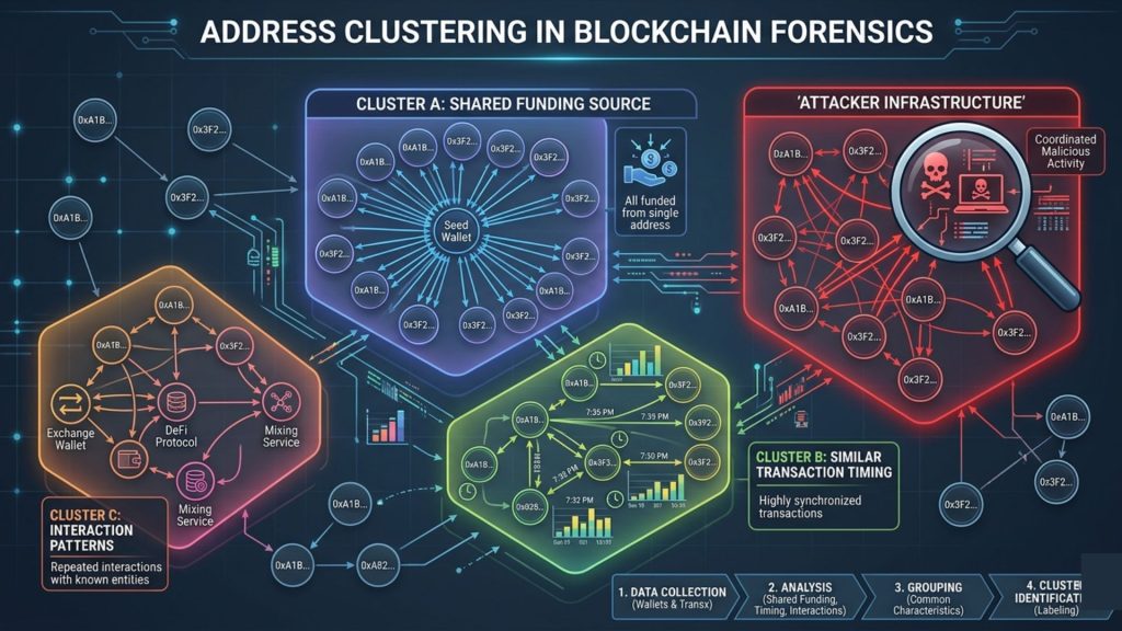 Address clustering in blockchain forensics showing grouped wallet addresses linked by shared behavior patterns