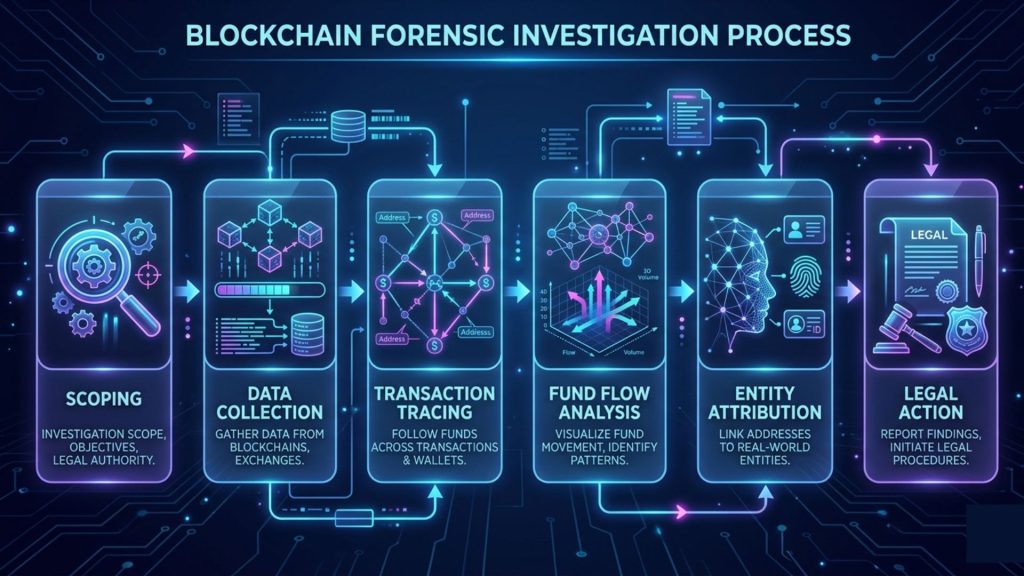 Step-by-step blockchain forensic investigation process including scoping, data collection, tracing, attribution, and legal action