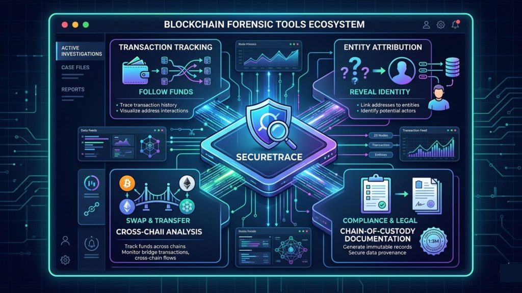 Blockchain forensic tools ecosystem highlighting SecureTrace with transaction tracking, attribution, and cross-chain analysis