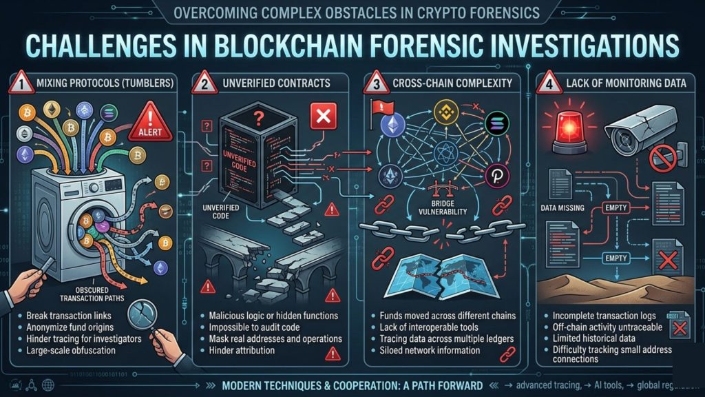 Challenges in blockchain forensics including mixing protocols, cross-chain complexity, unverified contracts, and lack of monitoring