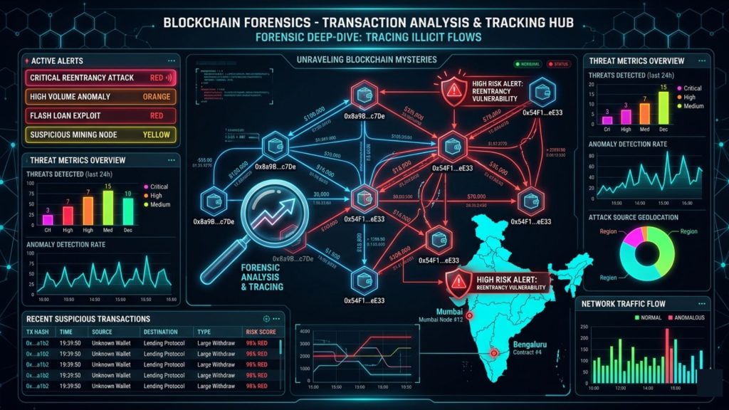 Visualization of blockchain forensics tracking transaction flows and identifying attack patterns