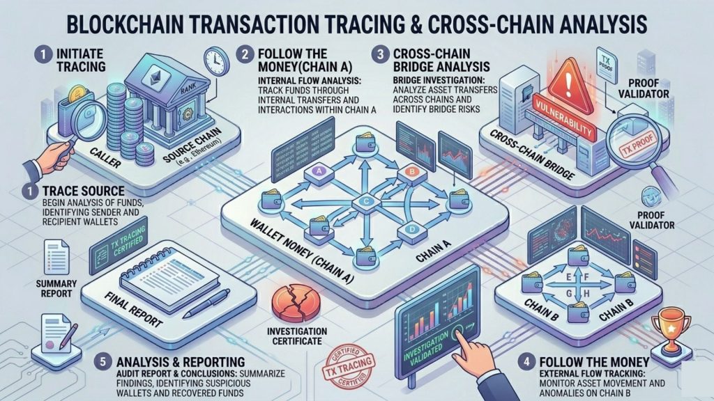Visualization of blockchain forensics tracing transaction flows across wallets and chains