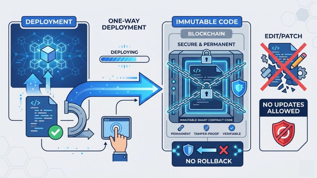Diagram showing immutable smart contract deployment on blockchain with no post-deployment patching