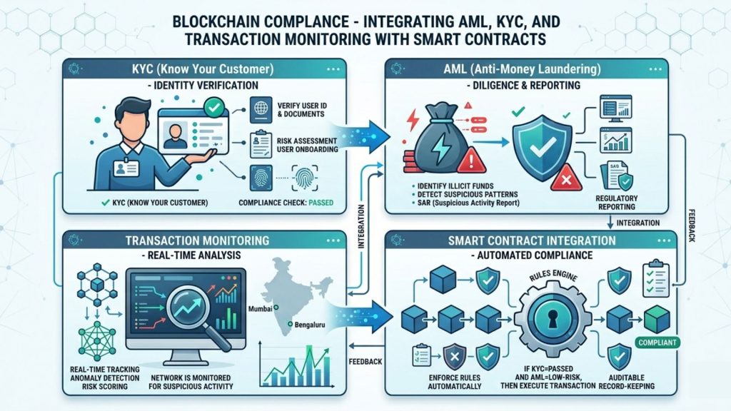 Concept image showing blockchain compliance with AML and KYC integrated into smart contract security