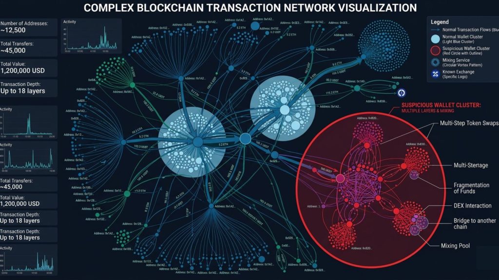 Blockchain transaction graph showing fund flow across multiple wallet addresses with clustering and branching paths