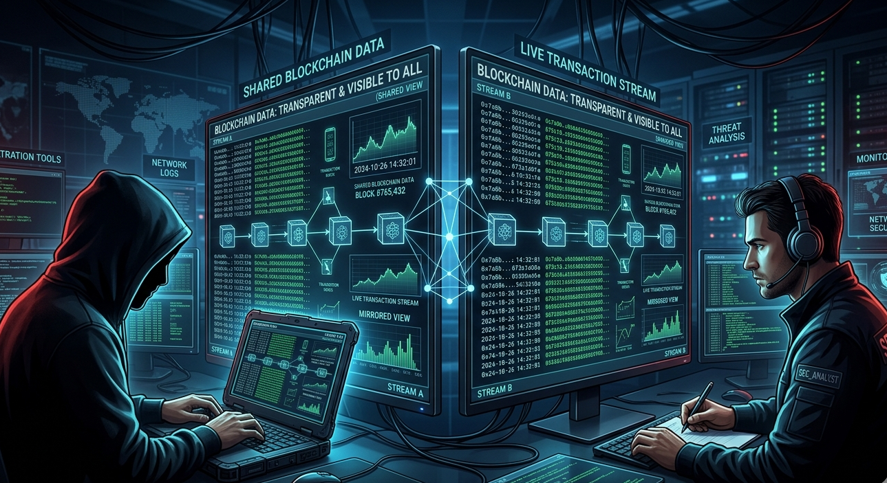 Both attackers and defenders analyzing the same public blockchain data for smart contract interactions