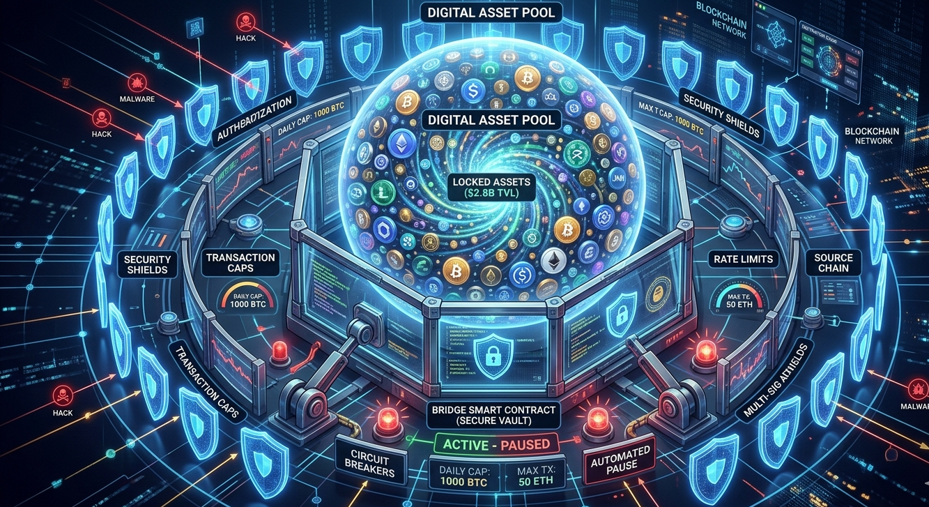 High-value liquidity locked in bridge contracts with security controls like caps and circuit breakers