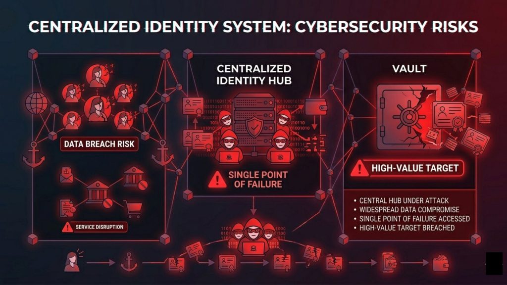 Infographic showing risks of centralized identity systems including single point of failure data breaches and attack surface