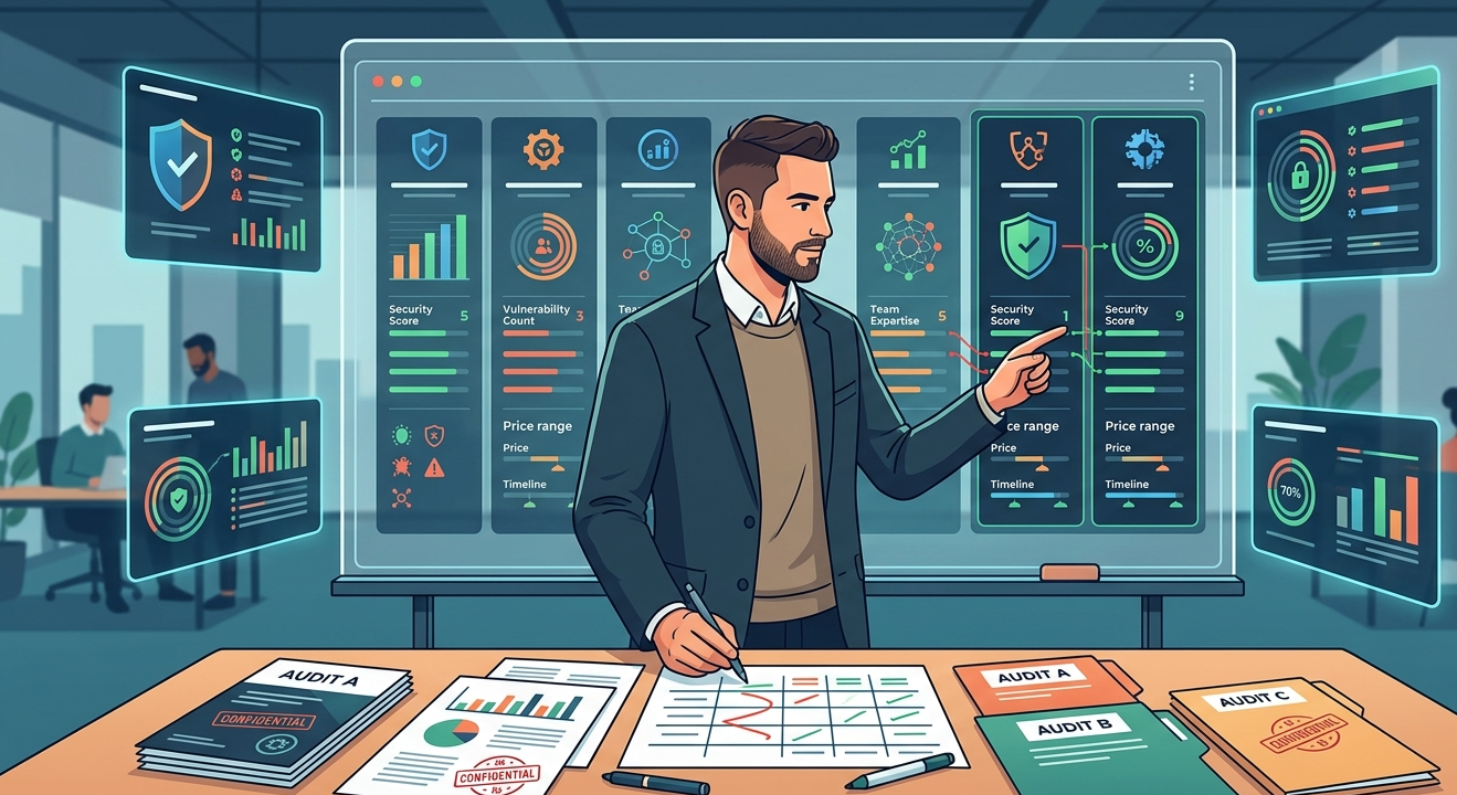 Web3 founder evaluating multiple smart contract audit firms based on security expertise and track record