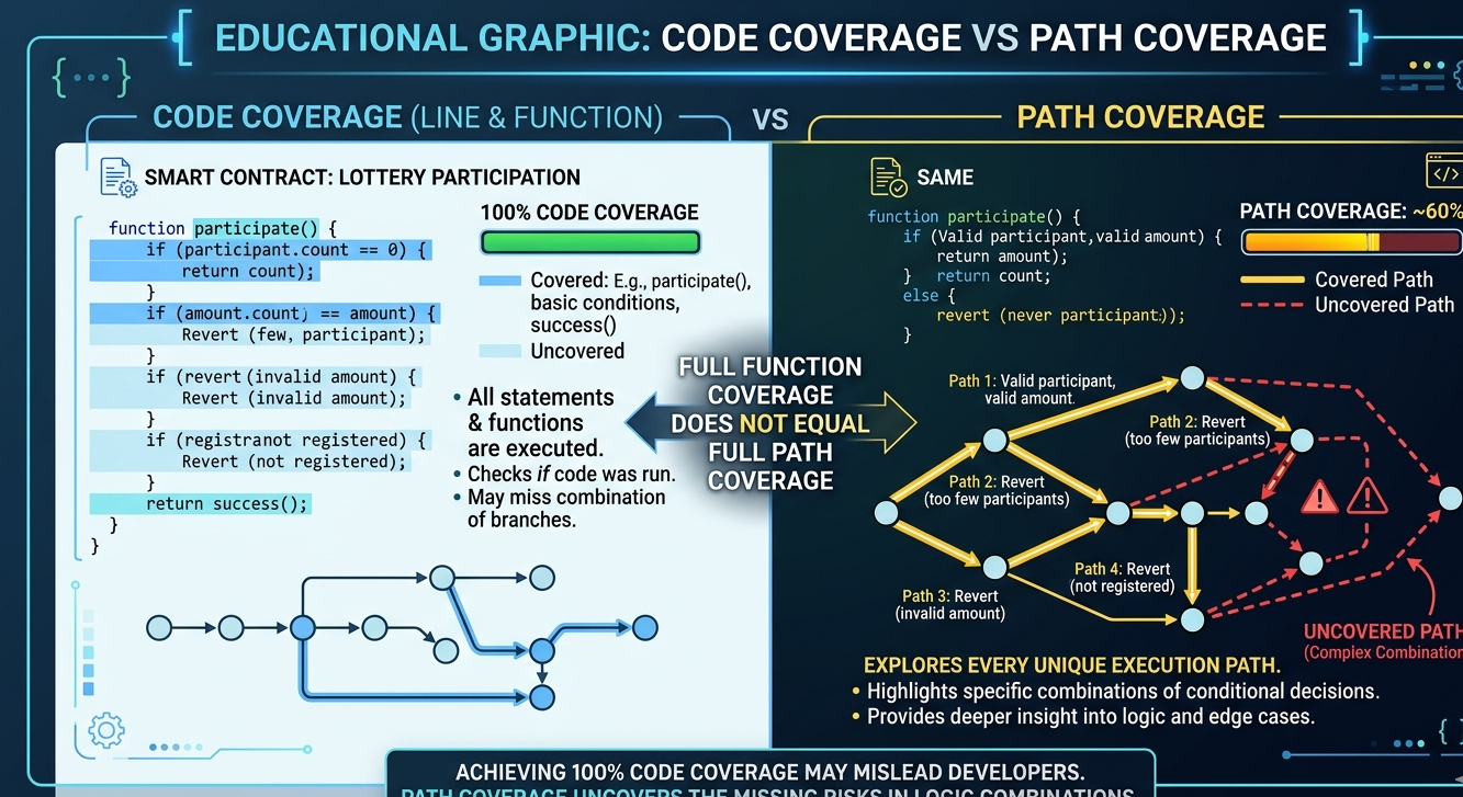 Difference between code coverage and path coverage in smart contract testing