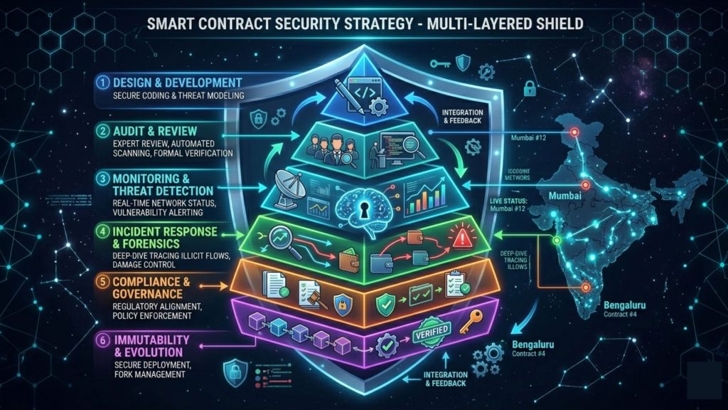 Layered smart contract security strategy including design auditing monitoring forensics and compliance