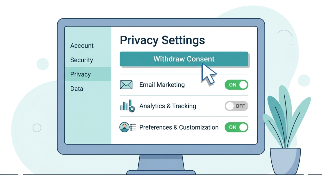 User withdrawing consent through a self-service privacy dashboard