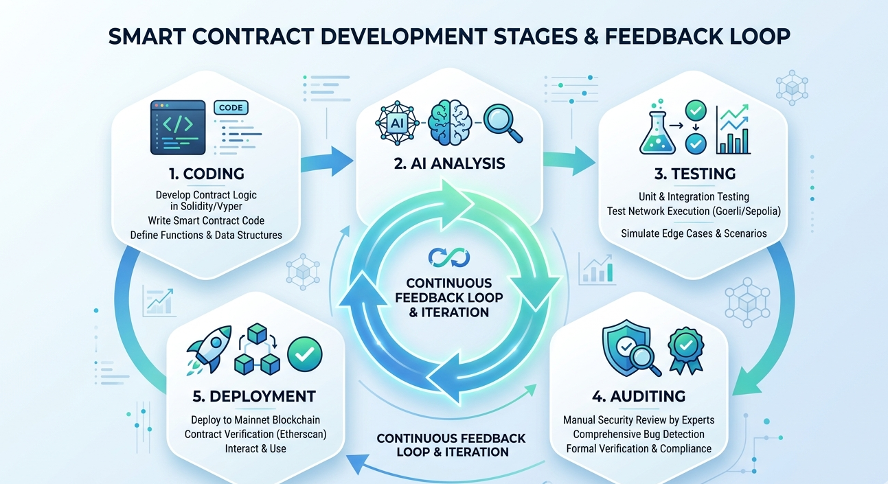 Smart contract development pipeline integrating continuous AI-based security analysis before deployment