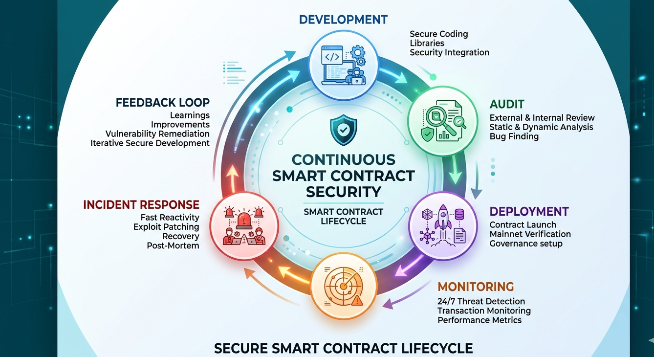 Integration of development, auditing, monitoring, and incident response in a continuous smart contract security cycle