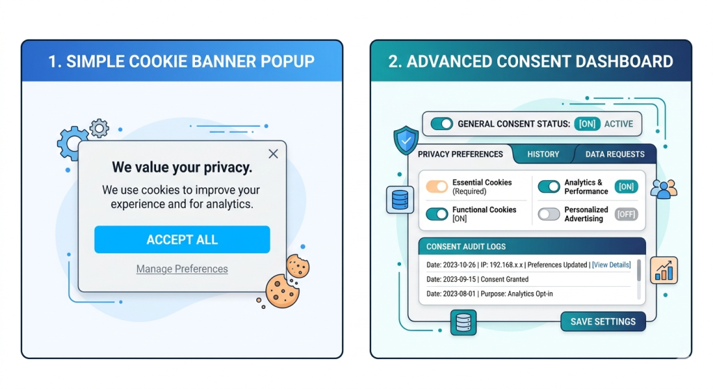 Comparison between a basic cookie banner and a full consent management platform dashboard