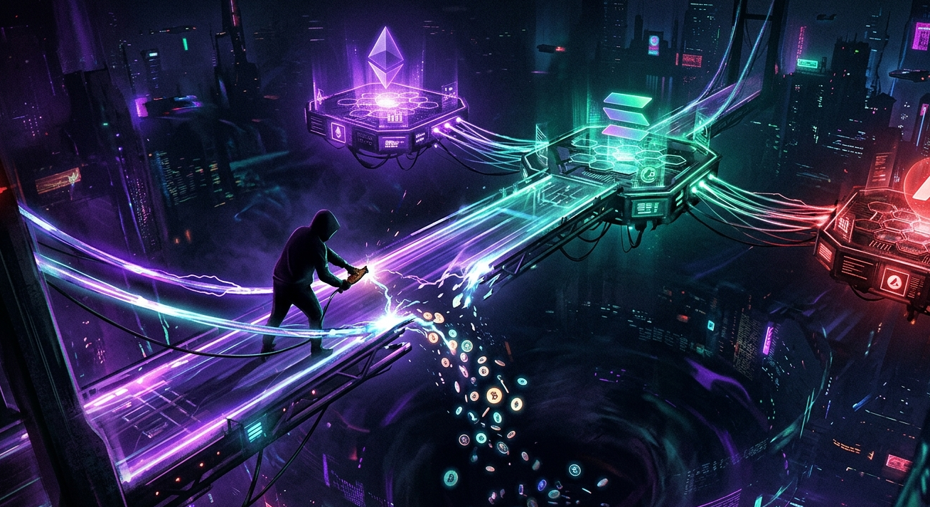 Cross-chain bridge vulnerability showing funds draining across multiple blockchains
