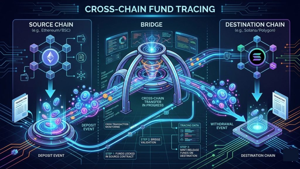 Cross-chain blockchain fund tracing showing asset movement through bridge from source chain to destination chain
