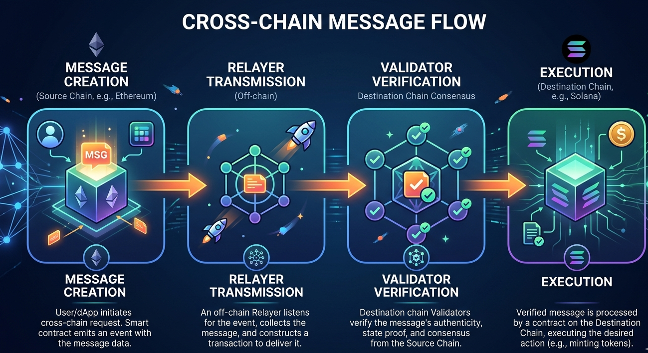 Cross-chain message lifecycle from source chain to destination chain including verification steps