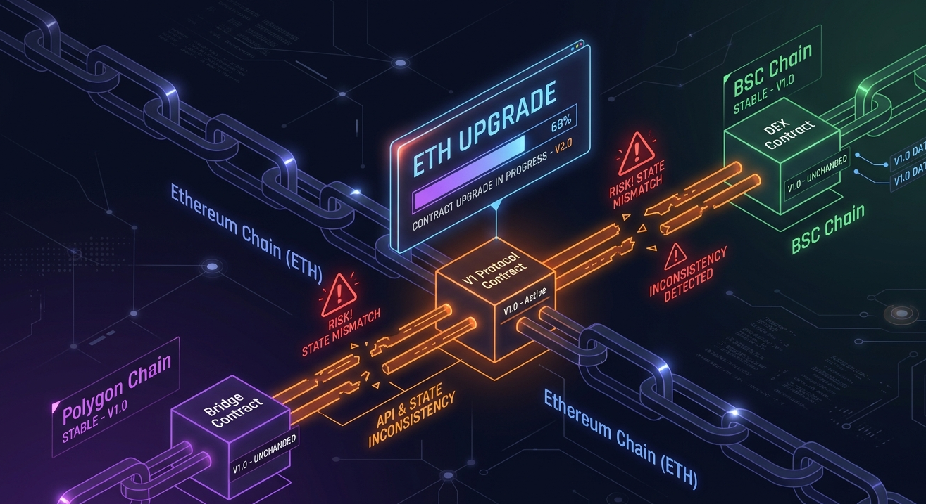 Uncoordinated smart contract upgrade causing inconsistencies across multiple blockchains
